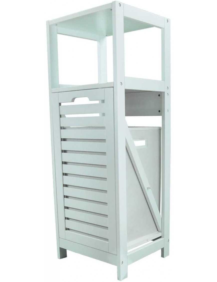 Mueble de madera blanco con cesto para ropa sucia.